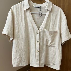 ASOS stradivirus short sleeve linen beige button down shirt